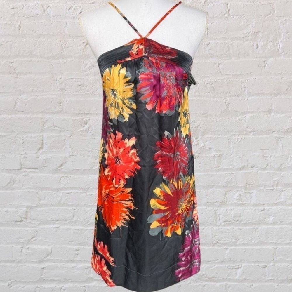 Martin + OSA Y2K 100% Silk Black Orang Purple Floral Halter Retro Mini Dress  L
